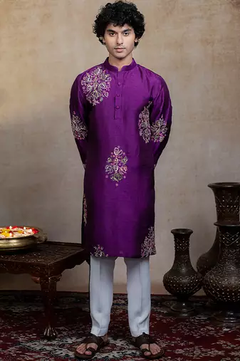 Purple embroidered silk kurta with dupatta