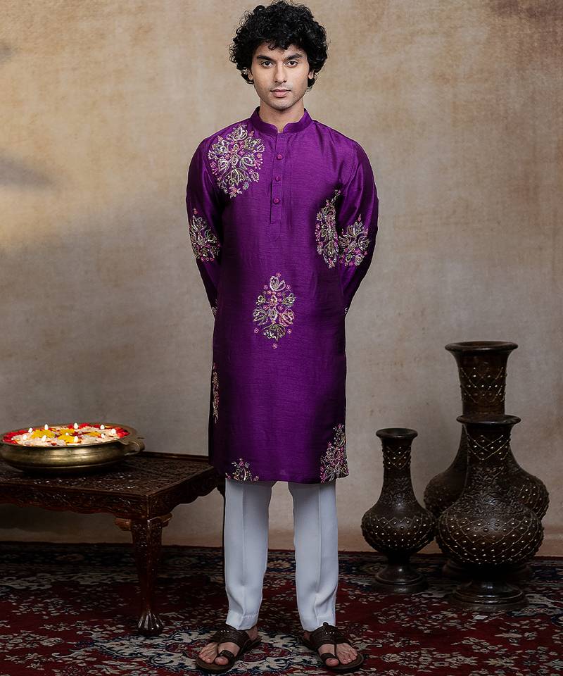 Purple embroidered silk kurta with dupatta
