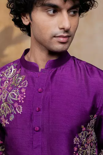 Purple embroidered silk kurta with dupatta