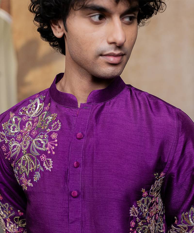 Purple embroidered silk kurta with dupatta