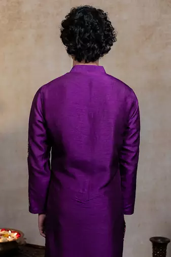 Purple embroidered silk kurta with dupatta