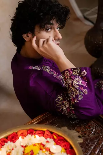 Purple embroidered silk kurta with dupatta