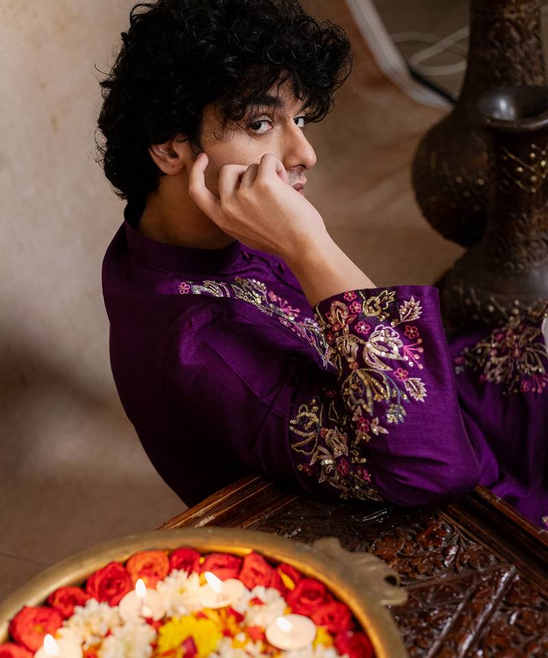 Purple embroidered silk kurta with dupatta