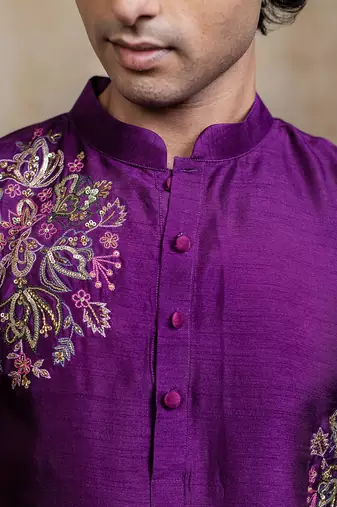Purple embroidered silk kurta with dupatta