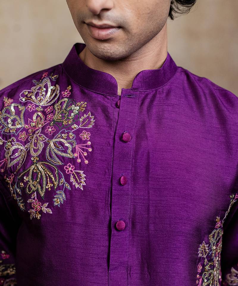 Purple embroidered silk kurta with dupatta