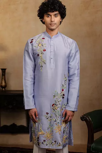 Powder blue embroidered silk kurta with dupatta
