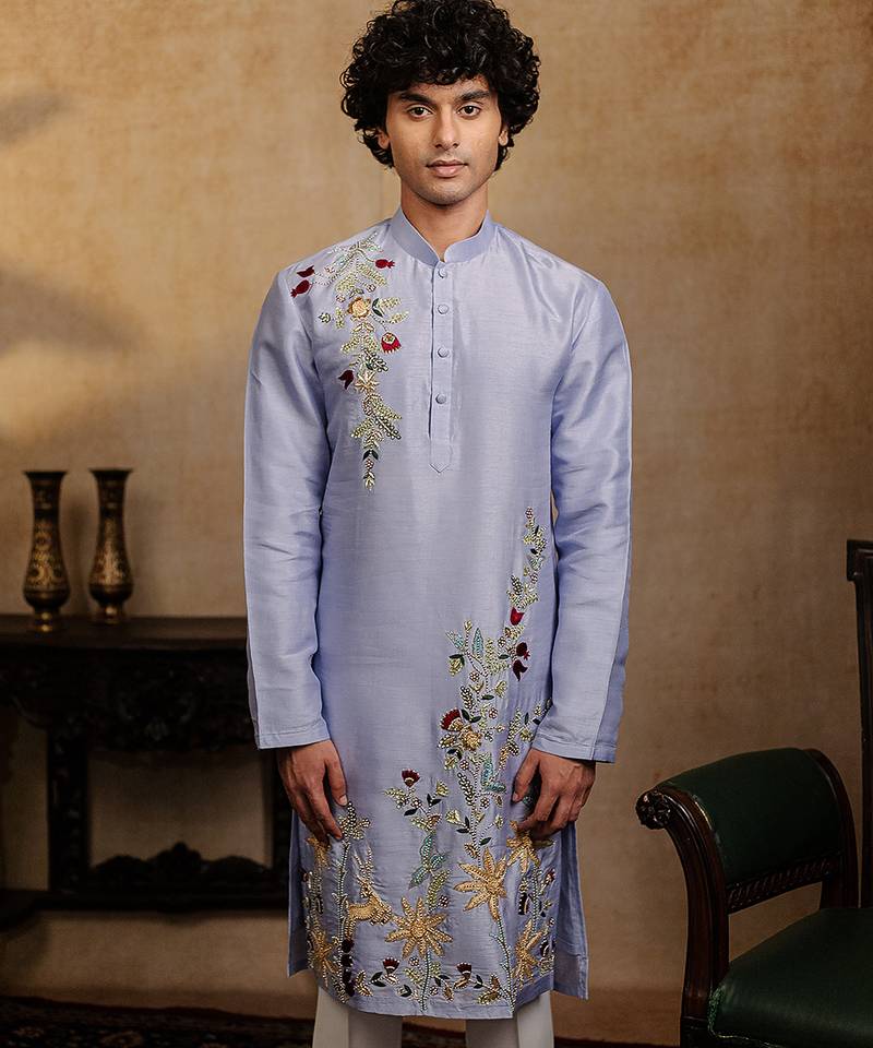 Powder blue embroidered silk kurta with dupatta