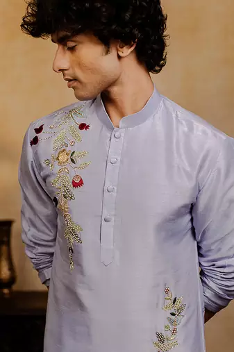Powder blue embroidered silk kurta with dupatta