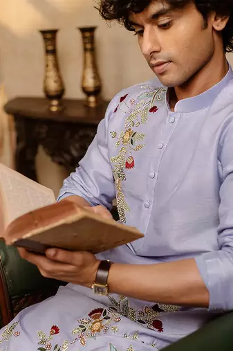 Powder blue embroidered silk kurta with dupatta
