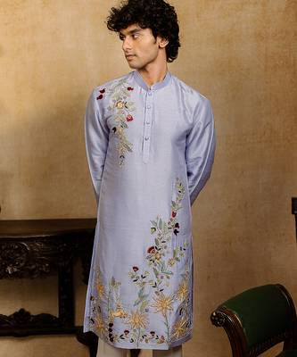 Powder blue embroidered silk kurta with dupatta 4