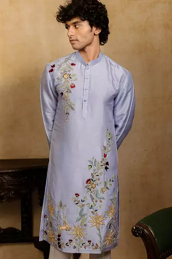 Powder blue embroidered silk kurta with dupatta