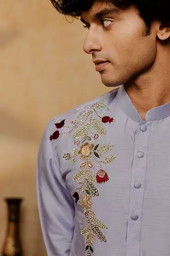 Powder blue embroidered silk kurta with dupatta