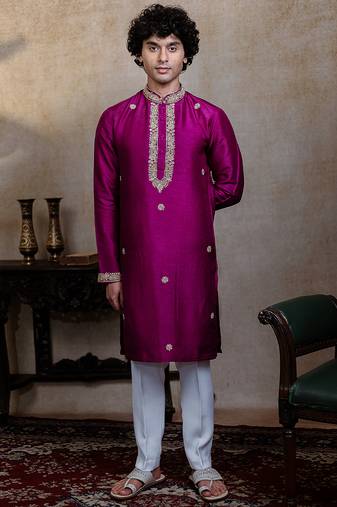 Purple embroidered silk kurta with dupatta