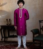 Purple embroidered silk kurta with dupatta
