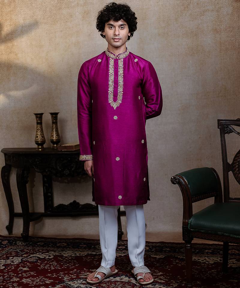 Purple embroidered silk kurta with dupatta