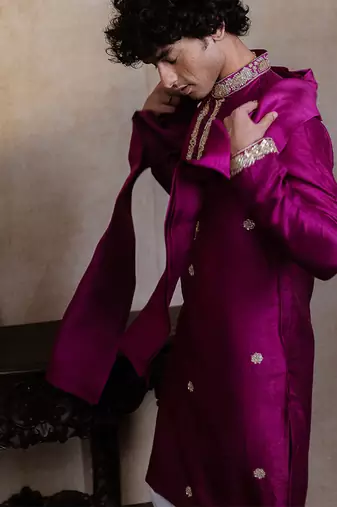 Purple embroidered silk kurta with dupatta