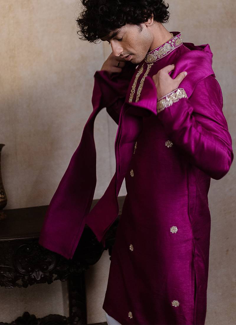 Purple embroidered silk kurta with dupatta