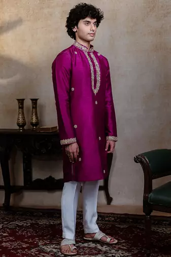 Purple embroidered silk kurta with dupatta