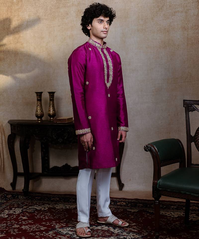 Purple embroidered silk kurta with dupatta