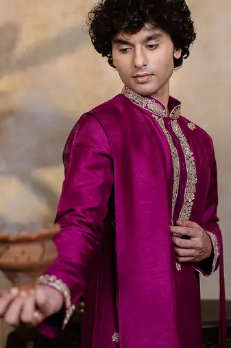 Purple embroidered silk kurta with dupatta