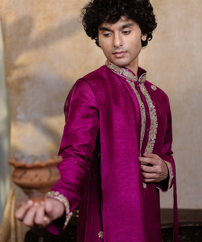 Purple embroidered silk kurta with dupatta