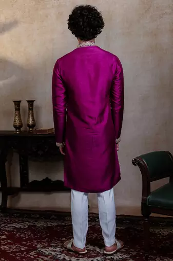 Purple embroidered silk kurta with dupatta