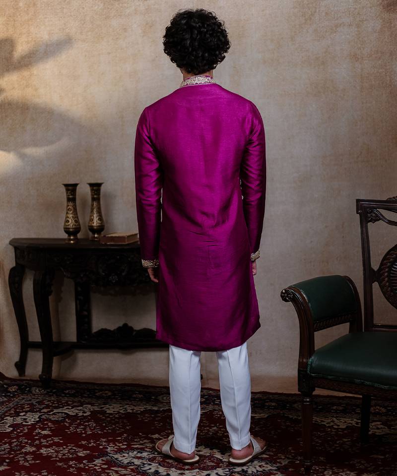 Purple embroidered silk kurta with dupatta
