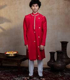 Red embroidered silk kurta with dupatta