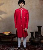 Red embroidered silk kurta with dupatta