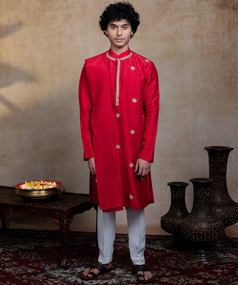 Red embroidered silk kurta with dupatta