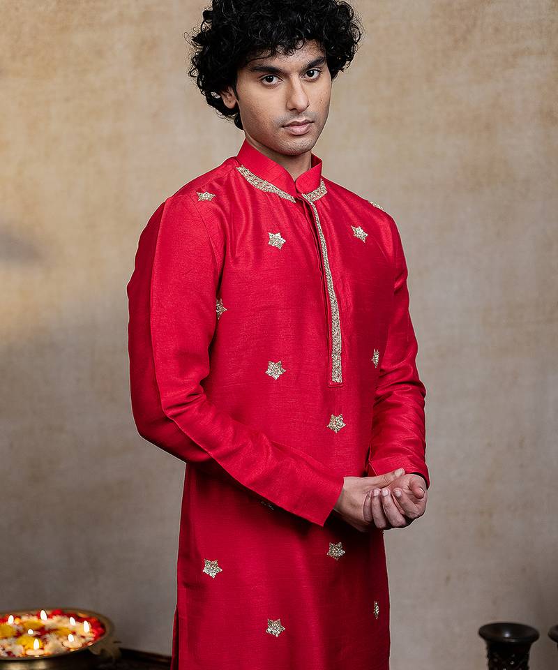 Red embroidered silk kurta with dupatta