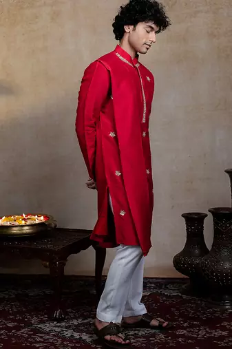Red embroidered silk kurta with dupatta