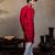 Red embroidered silk kurta with dupatta