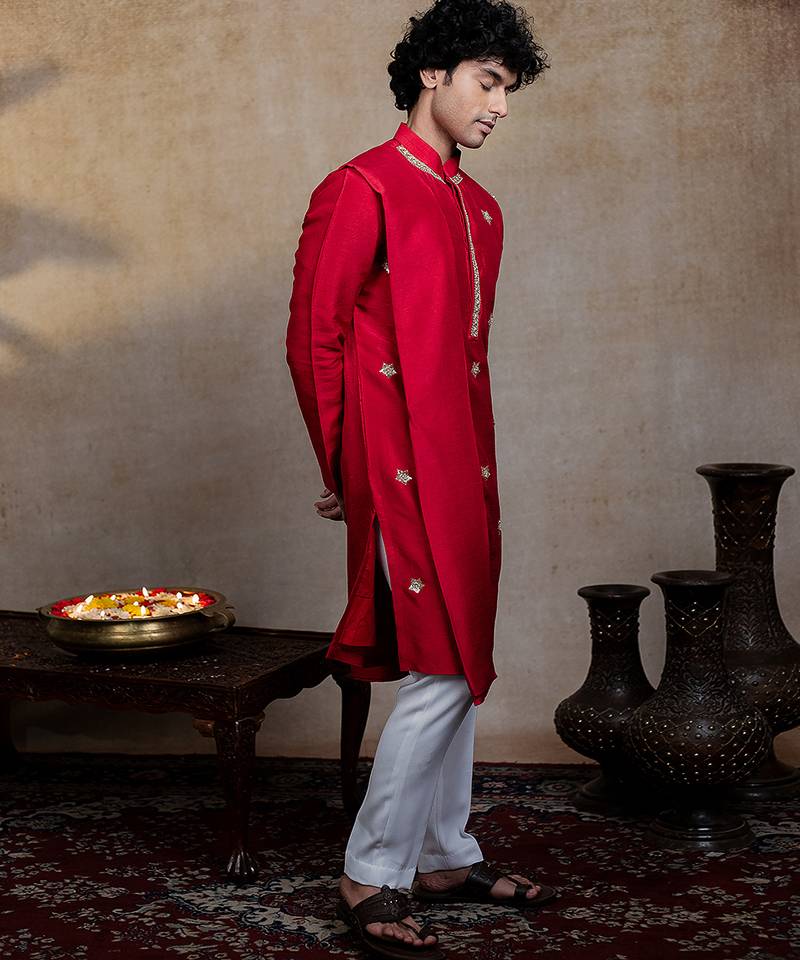 Red embroidered silk kurta with dupatta