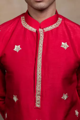 Red embroidered silk kurta with dupatta