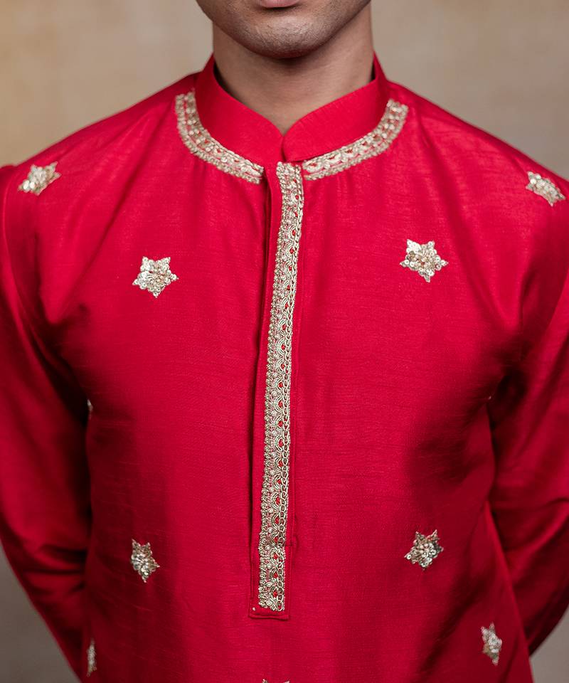 Red embroidered silk kurta with dupatta