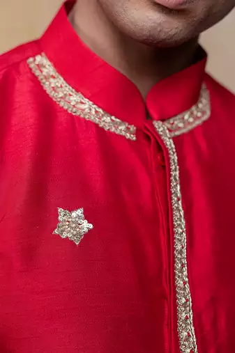 Red embroidered silk kurta with dupatta