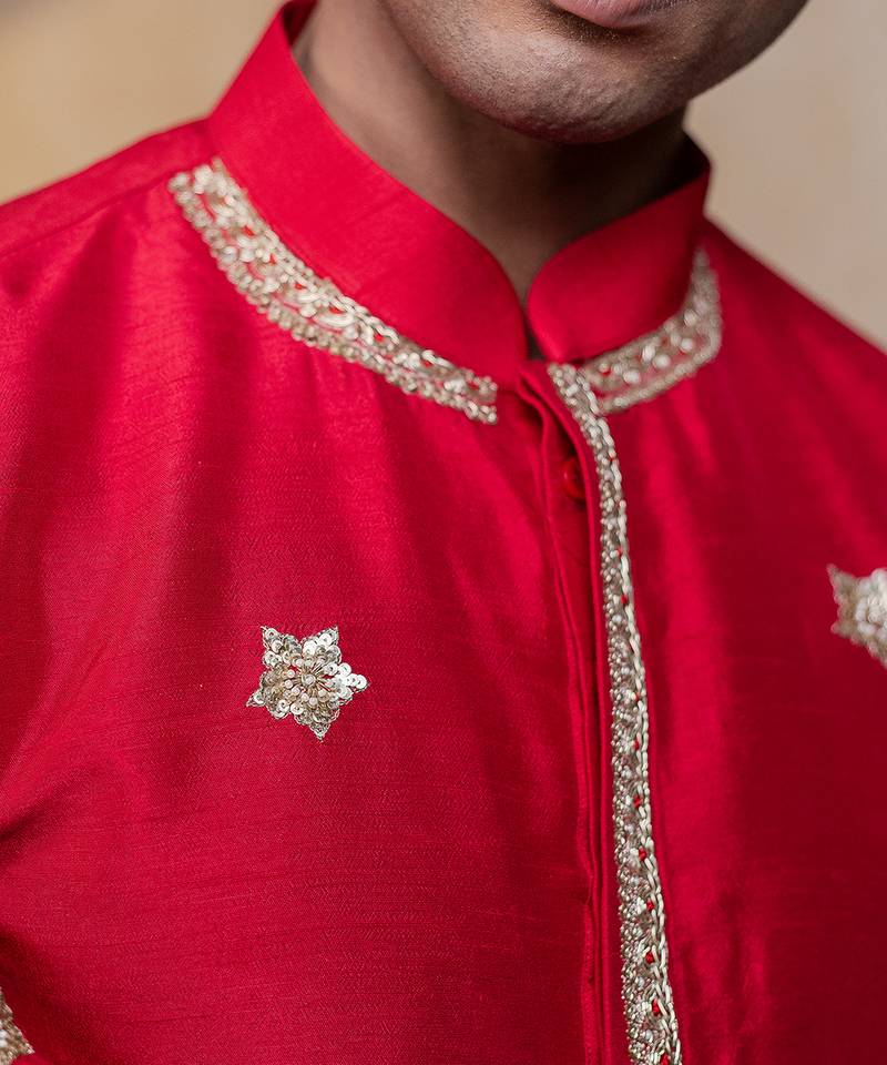 Red embroidered silk kurta with dupatta