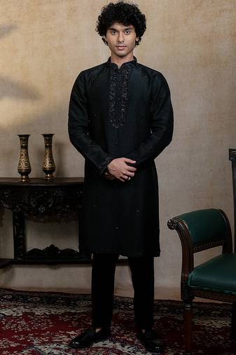 Black embroidered silk kurta with dupatta