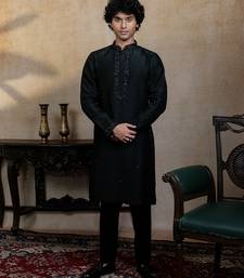 Black embroidered silk kurta with dupatta