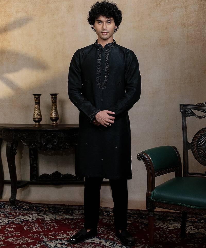 Black embroidered silk kurta with dupatta