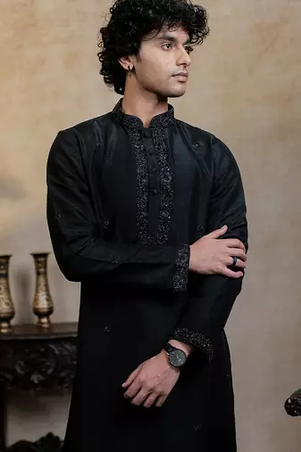 Black embroidered silk kurta with dupatta