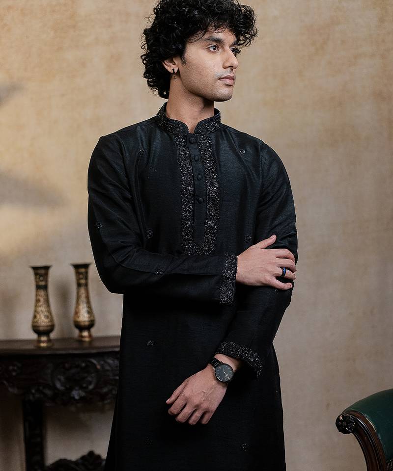 Black embroidered silk kurta with dupatta