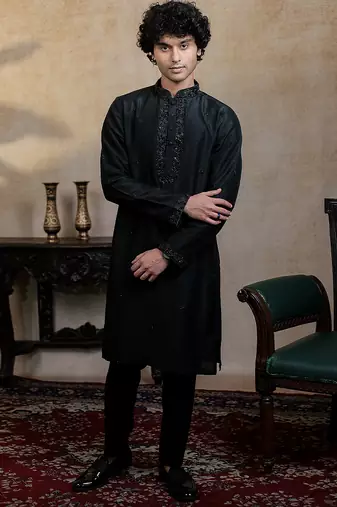 Black embroidered silk kurta with dupatta