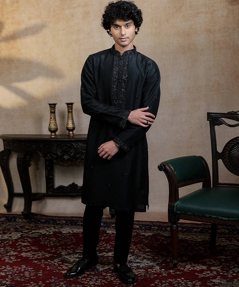 Black embroidered silk kurta with dupatta