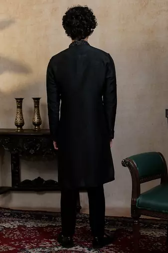 Black embroidered silk kurta with dupatta