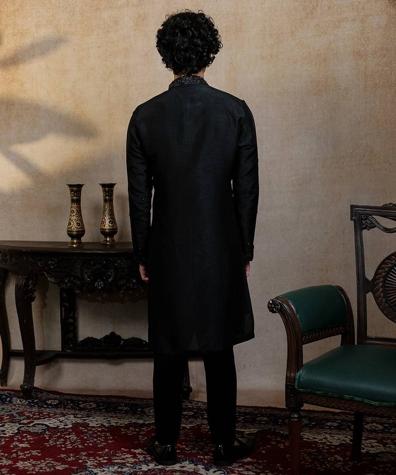 Black embroidered silk kurta with dupatta