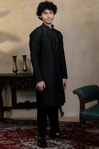 Black embroidered silk kurta with dupatta