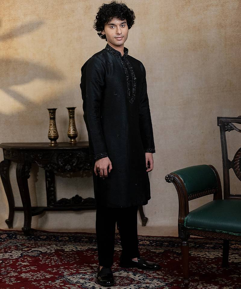 Black embroidered silk kurta with dupatta