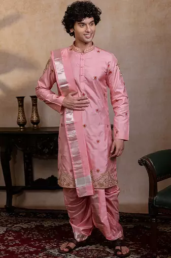 Pink embroidered silk kurta set